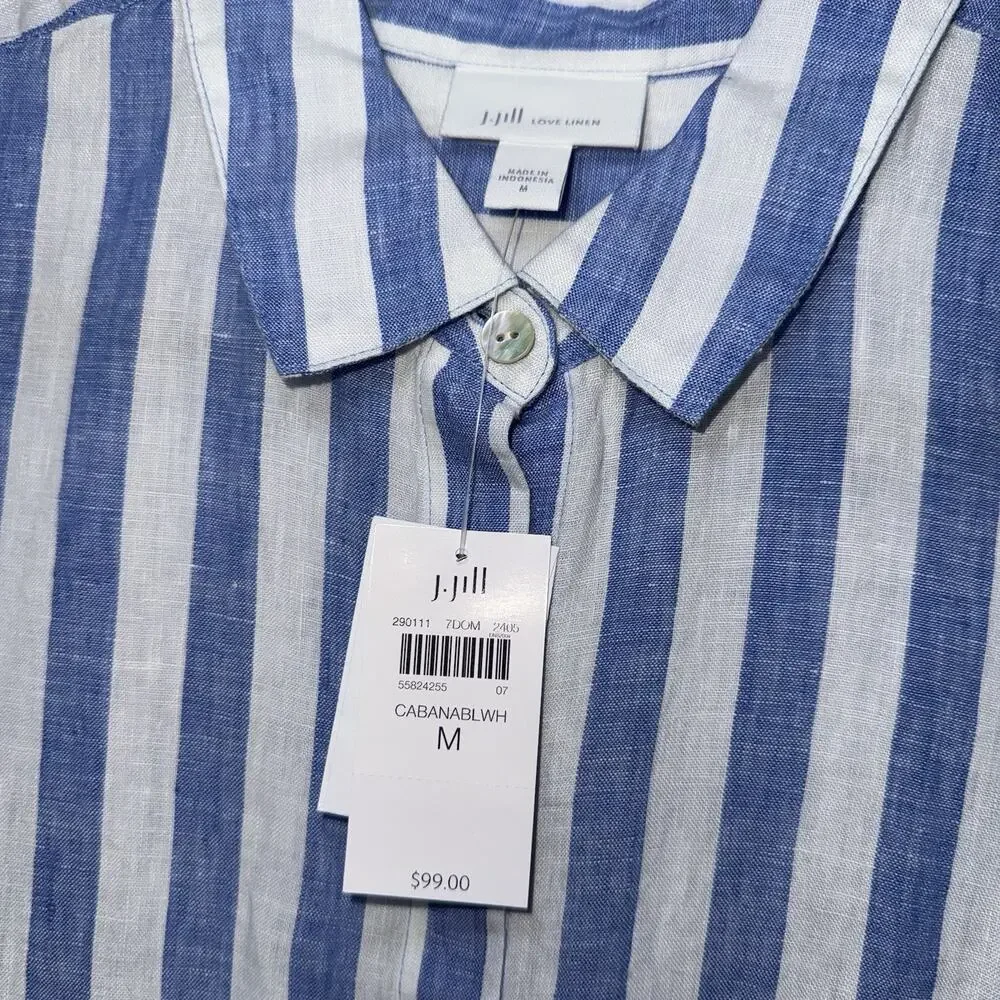J. Jill Love Linen Women’s Striped Button Up Long Sleeve Cabana Blue Coastal M - Picture 4 of 5